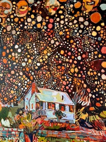 Original painting by Aaron's wife — a vibrant expressionist farmhouse under a colorful night sky